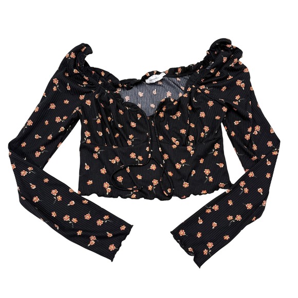 All in Favor Tops - All in Favor Top Womens Size Large Black Floral Babydoll Y2K Cropped Long Sleeve